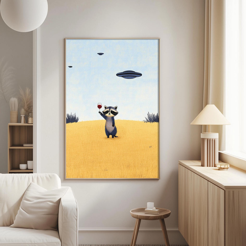 a raccoon standing on a yellow field, with a spaceship flying in the background.