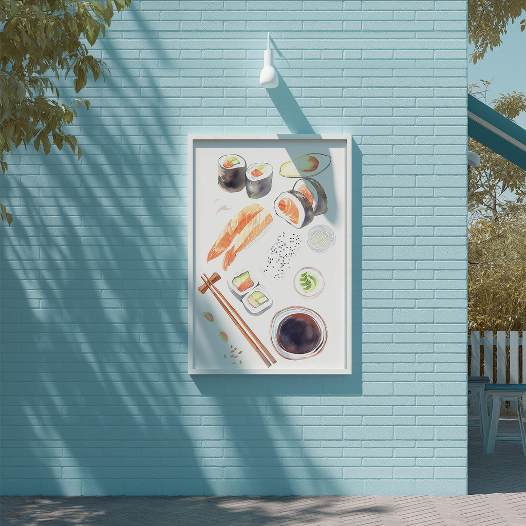 a framed illustration of various sushi items, including sushi rolls, sashimi, and dipping sauces, displayed on a blue brick wall.