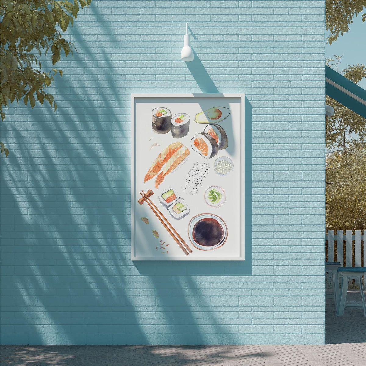 a framed illustration of various sushi items, including sushi rolls, sashimi, and dipping sauces, displayed on a blue brick wall.