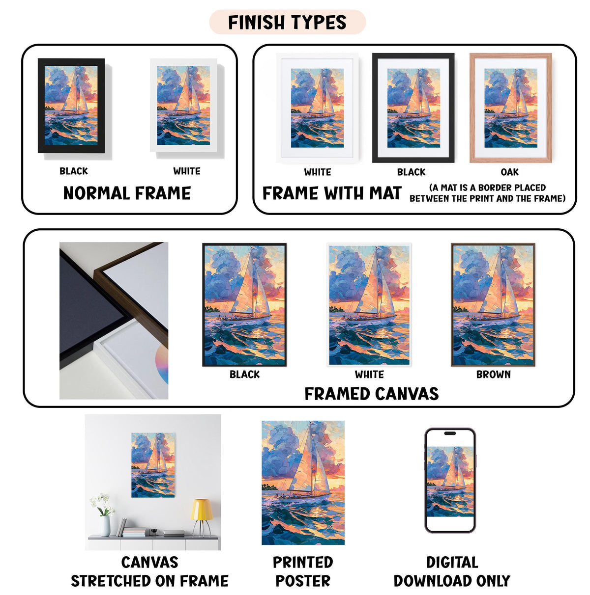 various types of artwork, including paintings, framed prints, and digital art, each with different finishes and frame types.