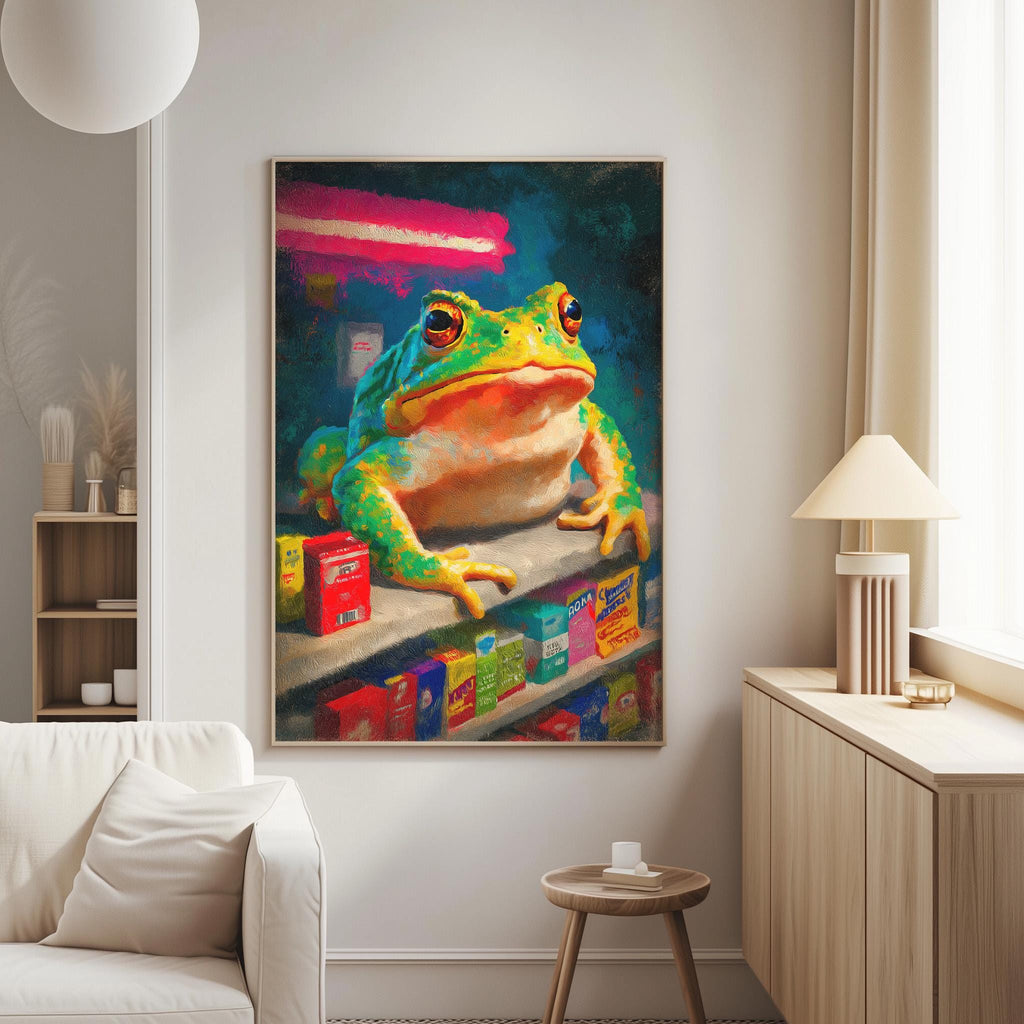a large painting of a frog sitting on a shelf, surrounded by various colorful objects.