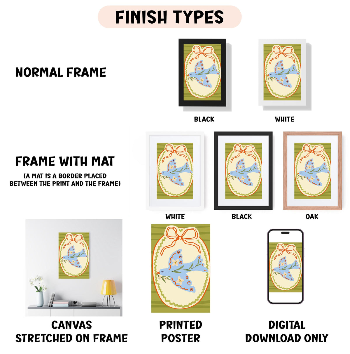 various types of framed artwork, including a normal frame, a frame with a mat, a white frame, a black frame, an oak frame, a white canvas stretched on a frame, a printed poster, and a digital download only.