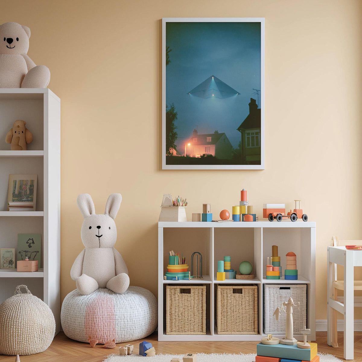 A cozy children's room with a white rabbit sitting on a bean bag chair, surrounded by toys and storage bins. A framed picture of a city skyline is displayed on the wall, and a shelf holds various toys and decorations.
