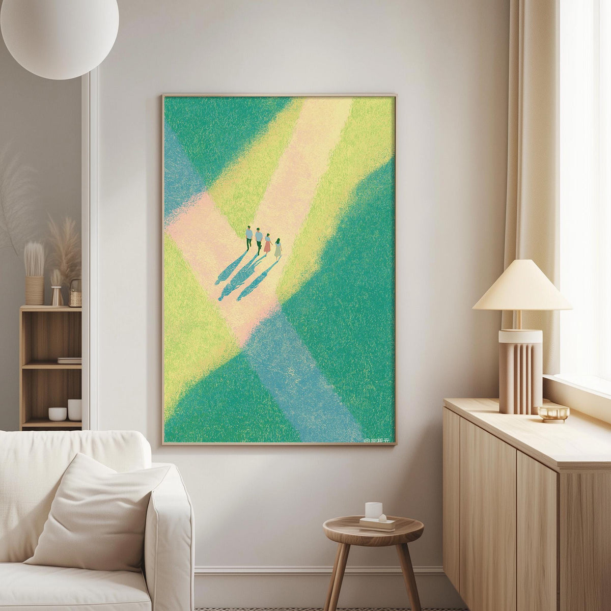 a living room with a large abstract painting hanging on the wall. The painting depicts a group of people walking on a grassy field with a yellow and green color scheme. The room has a white couch, a wooden side table, and a lamp on a wooden cabinet.