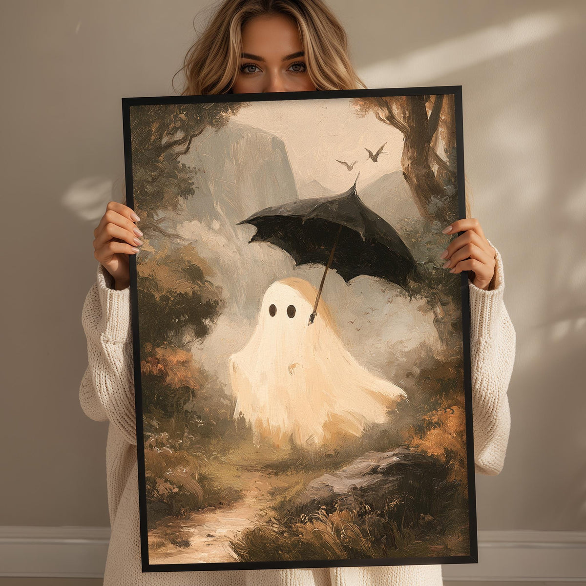 A woman holds up a framed painting depicting a ghost-like figure with an umbrella in a forest setting.