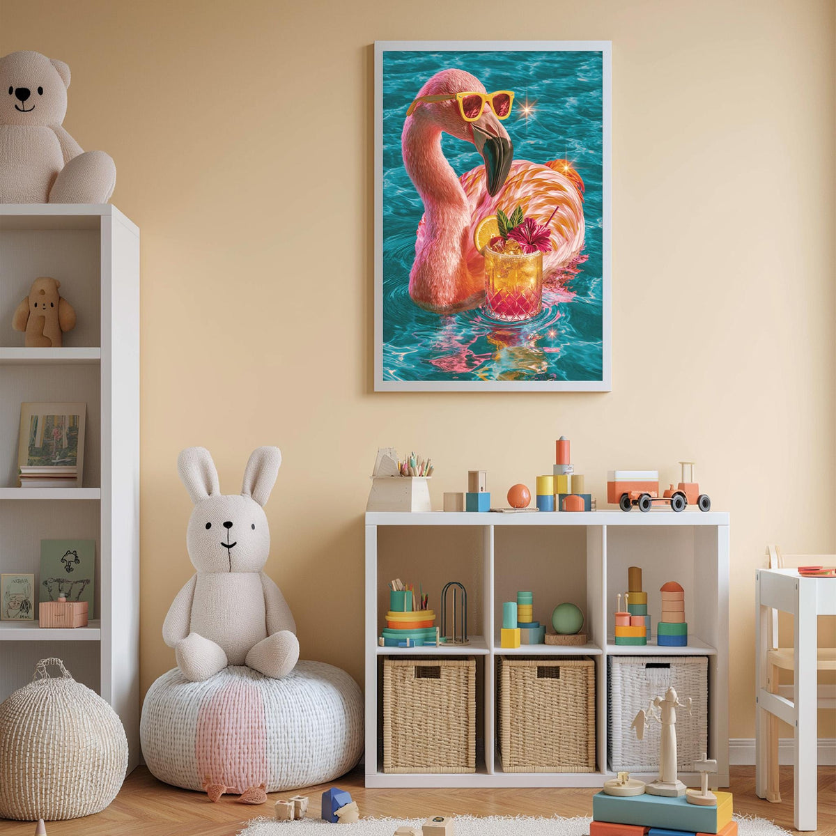 A child's bedroom with a large framed picture of a flamingo floating in a pool, surrounded by toys and a stuffed animal rabbit.