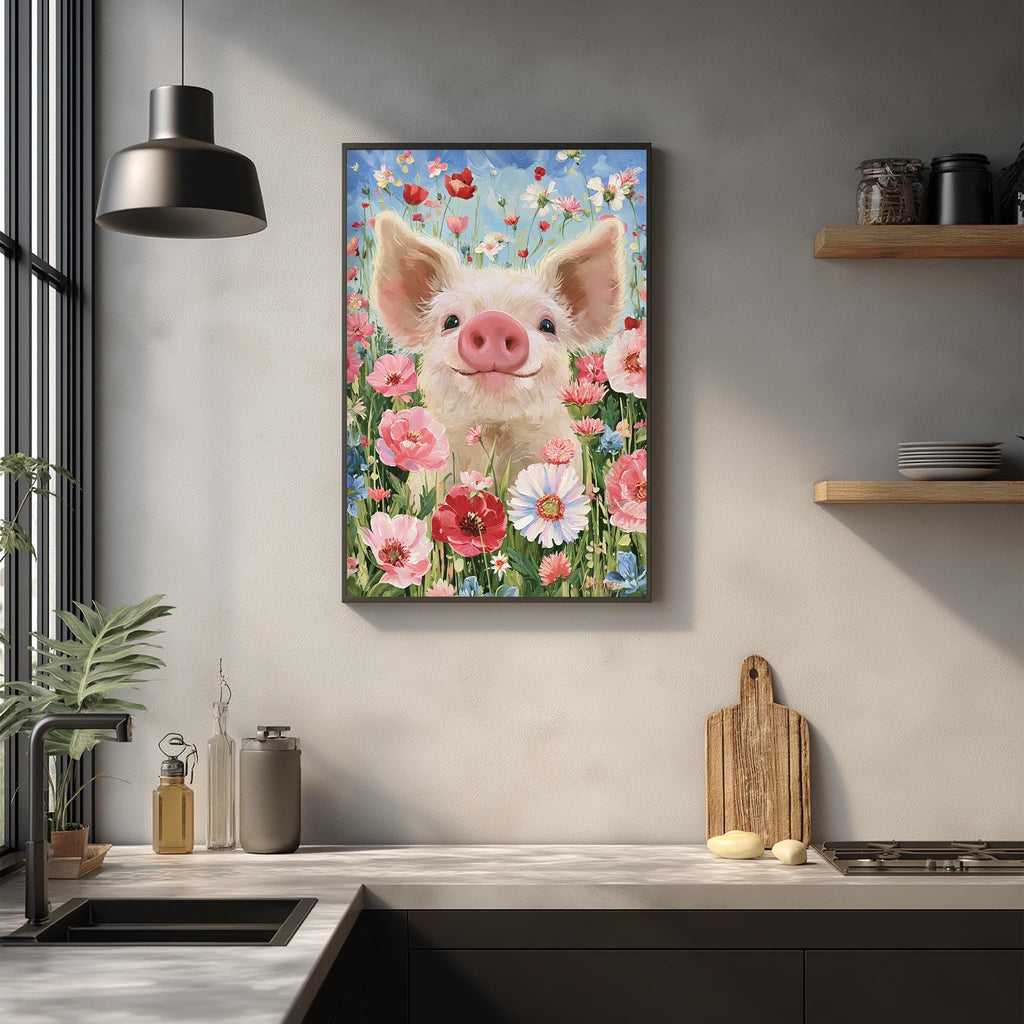 a kitchen counter with a framed picture of a smiling pig surrounded by flowers hanging on the wall above it.