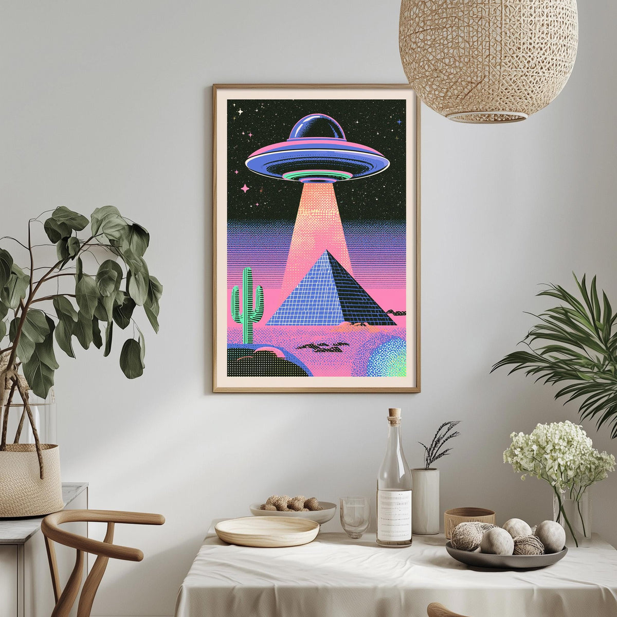 a framed poster of a colorful alien spacecraft hovering over a desert landscape with a pyramid, cactus, and palm tree. The poster is hanging on a wall above a dining table with various decorative items and plants.