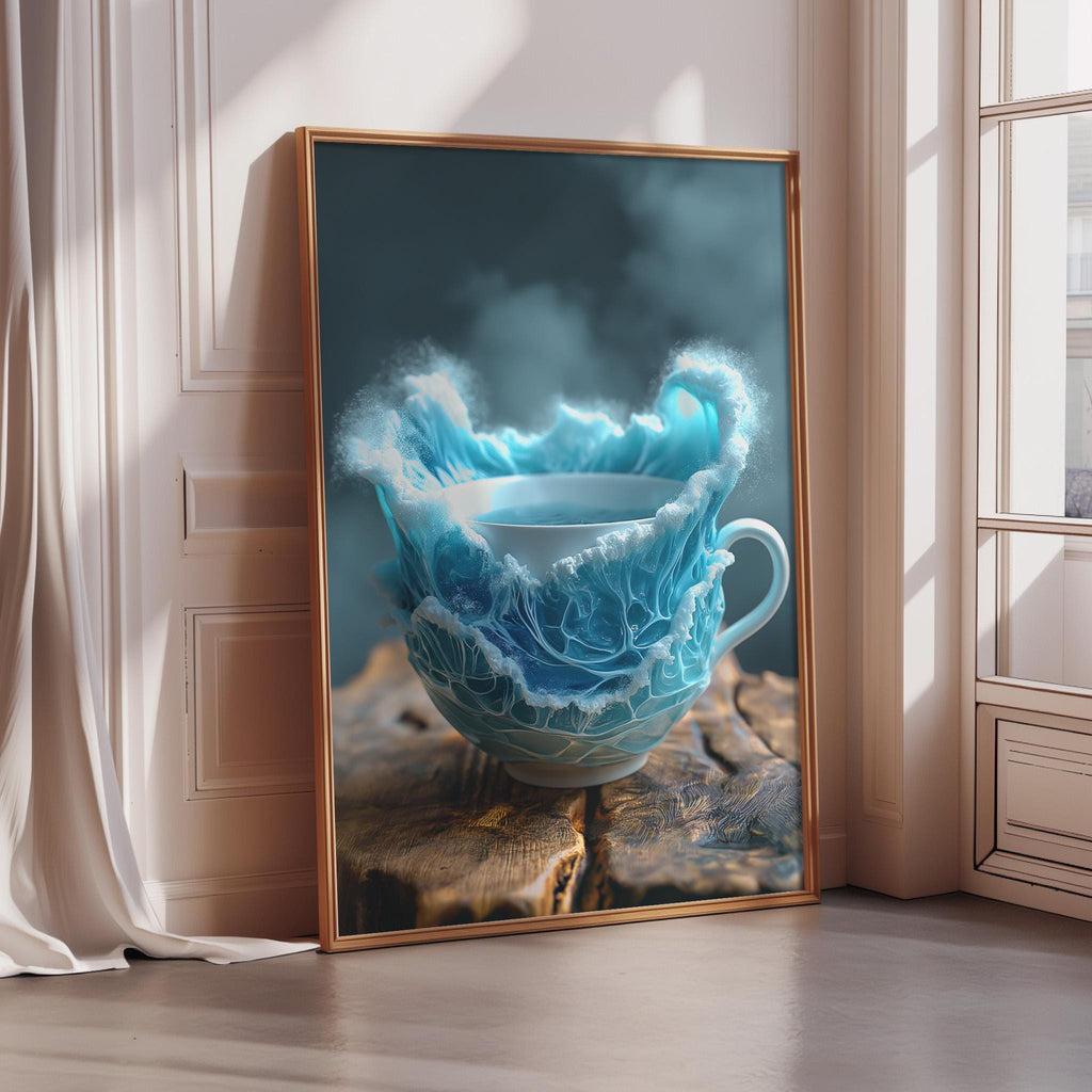 a large, framed picture of a teacup with a blue design, placed on a wooden surface.