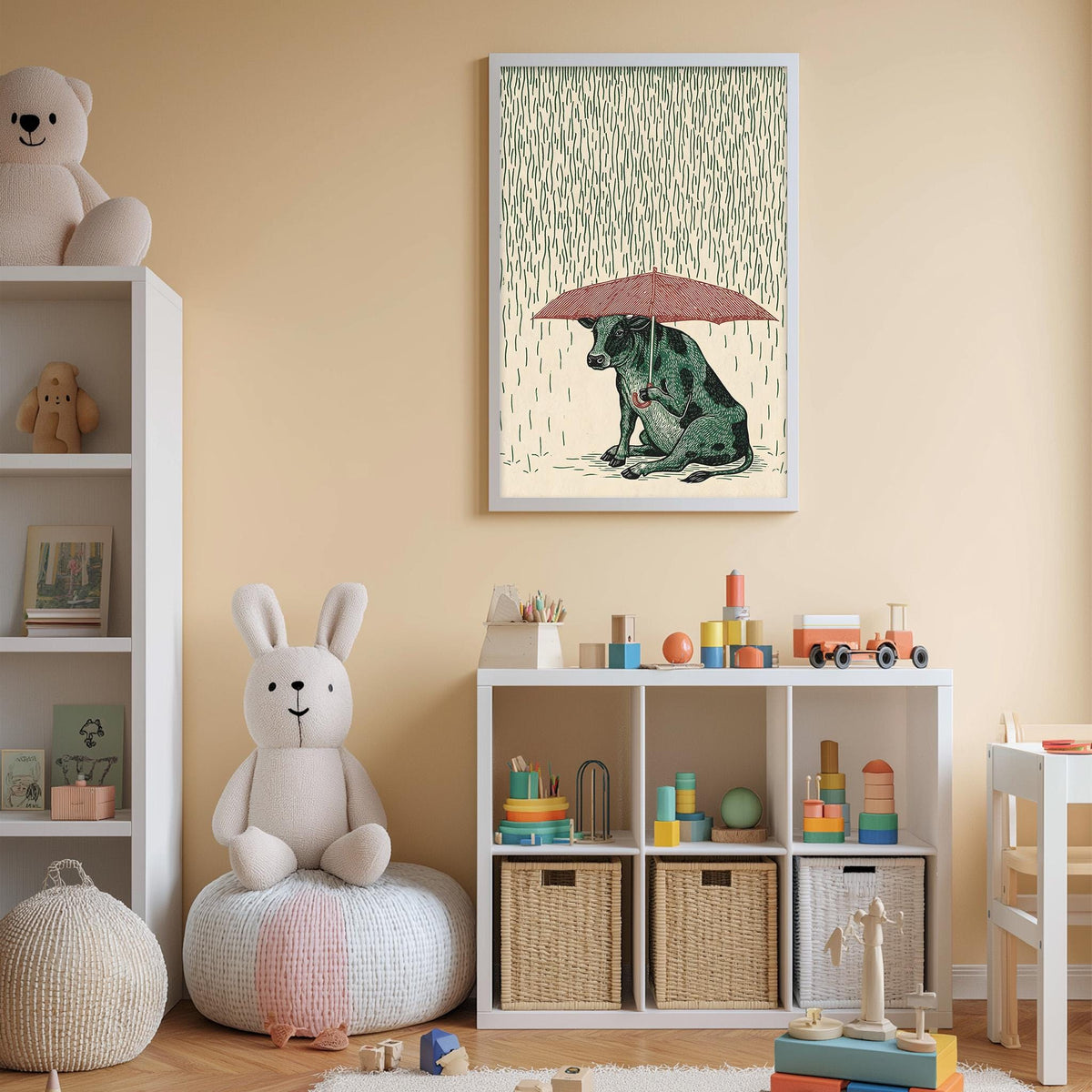 A cozy children's room with a white bookshelf, a stuffed rabbit, and a toy train. Above the bookshelf is a framed illustration of a dog holding an umbrella, sitting in the rain.