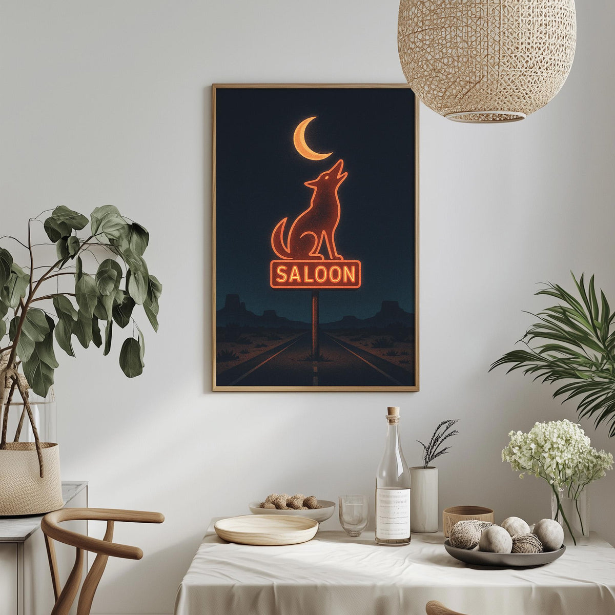 a framed neon sign of a wolf howling at the moon, hanging on a wall above a dining table with various items on it.