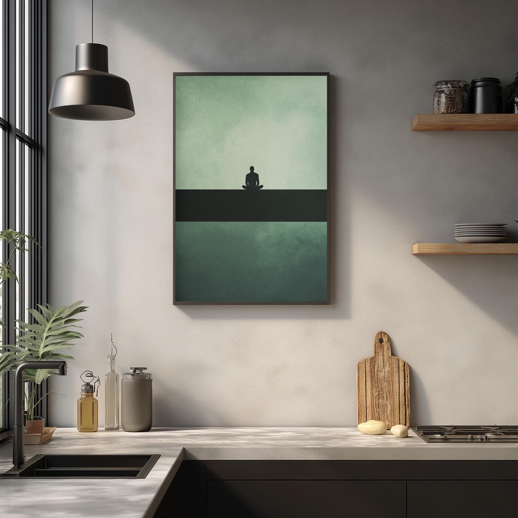a minimalist kitchen design with a large framed picture of a person sitting on a bench, a wooden cutting board, and various kitchen accessories such as a bottle, a vase, and a bowl.
