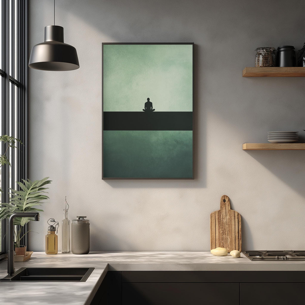 a minimalist kitchen design with a large framed picture of a person sitting on a bench, a wooden cutting board, and various kitchen accessories such as a bottle, a vase, and a bowl.