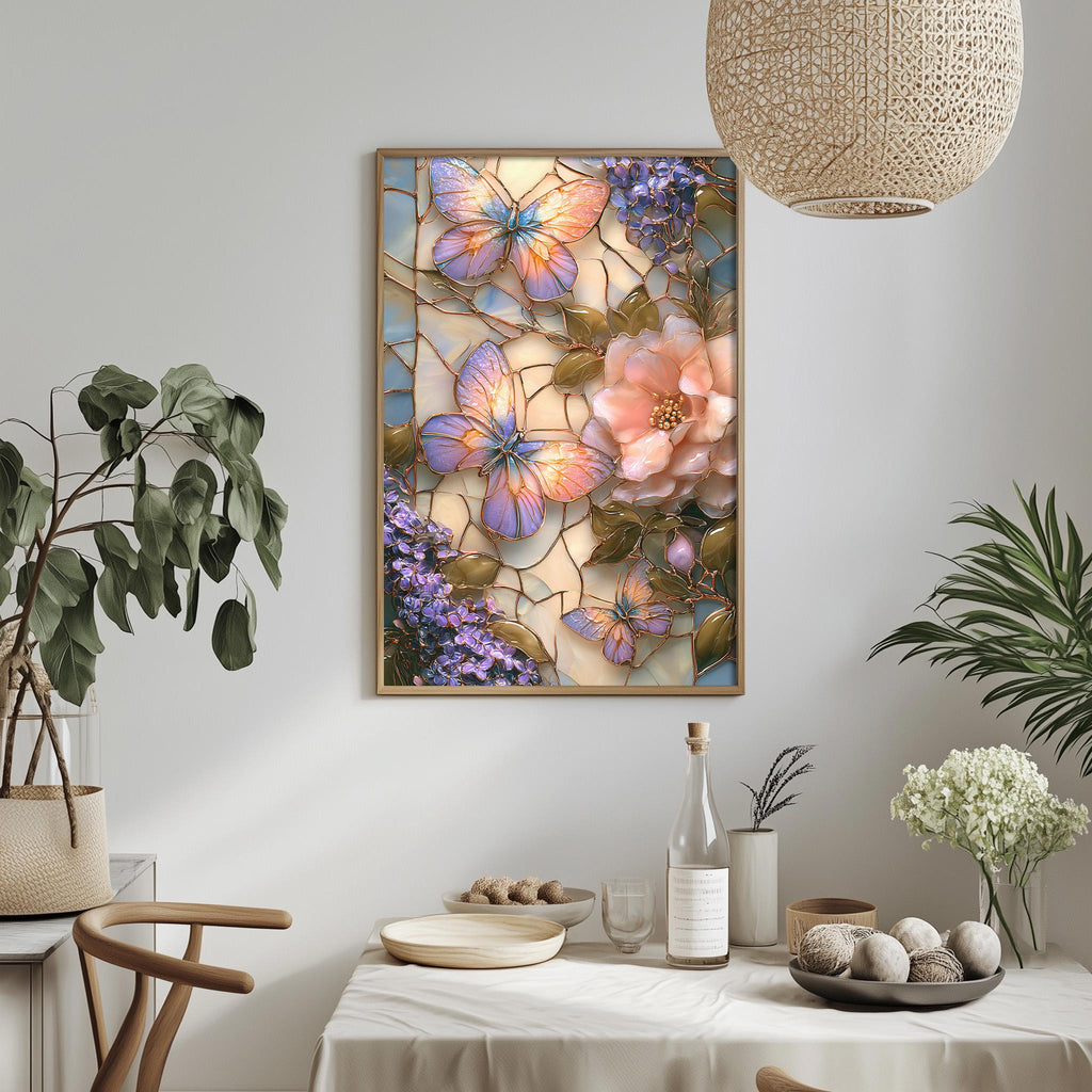 a dining table with a white tablecloth, a vase of white flowers, a bottle, and a bowl of fruit. Above the table, there is a framed picture of colorful butterflies and flowers.