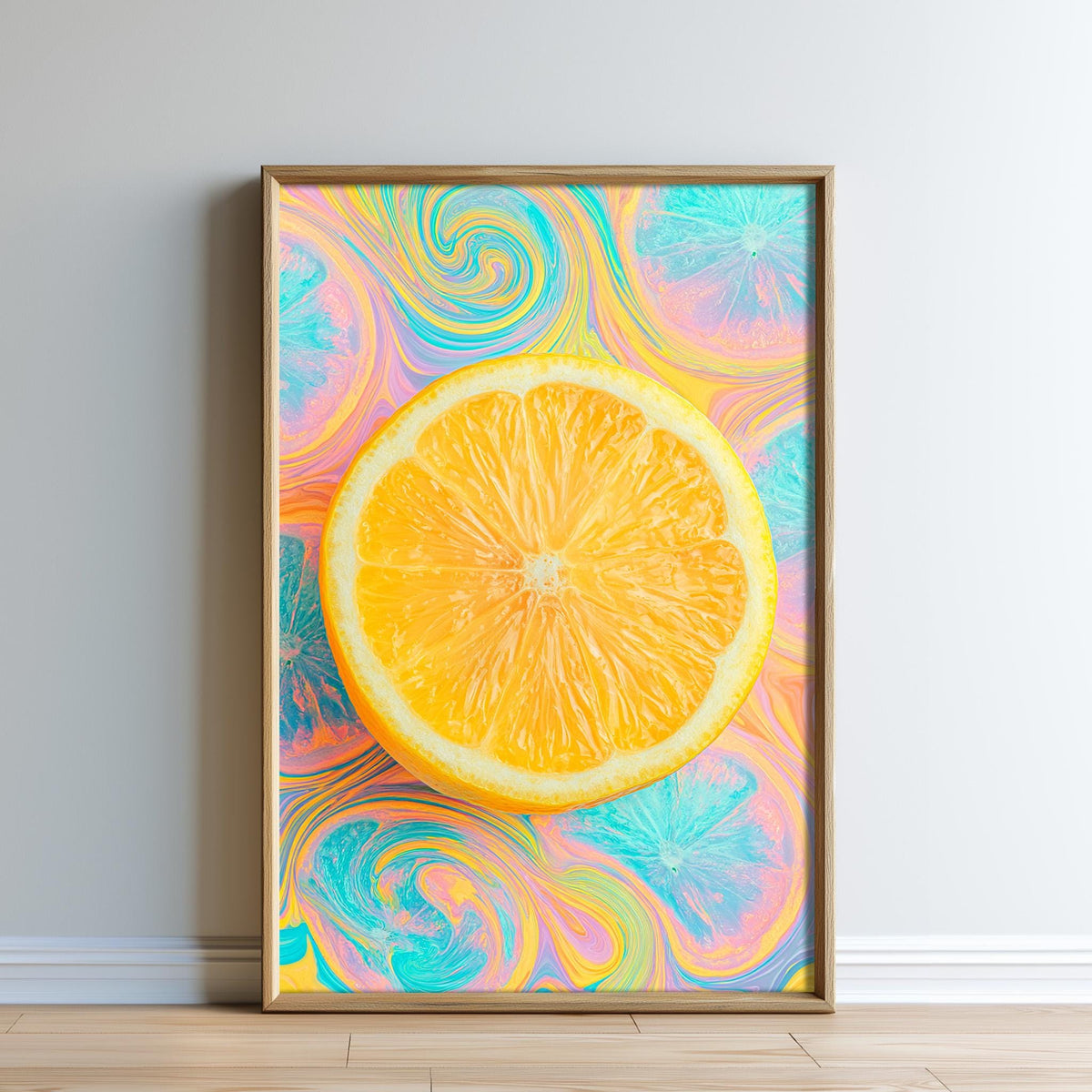 A framed print of a vibrant, colorful image depicting a slice of orange against a swirling, abstract background.