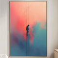 a large abstract painting hanging on a wall in a living room.