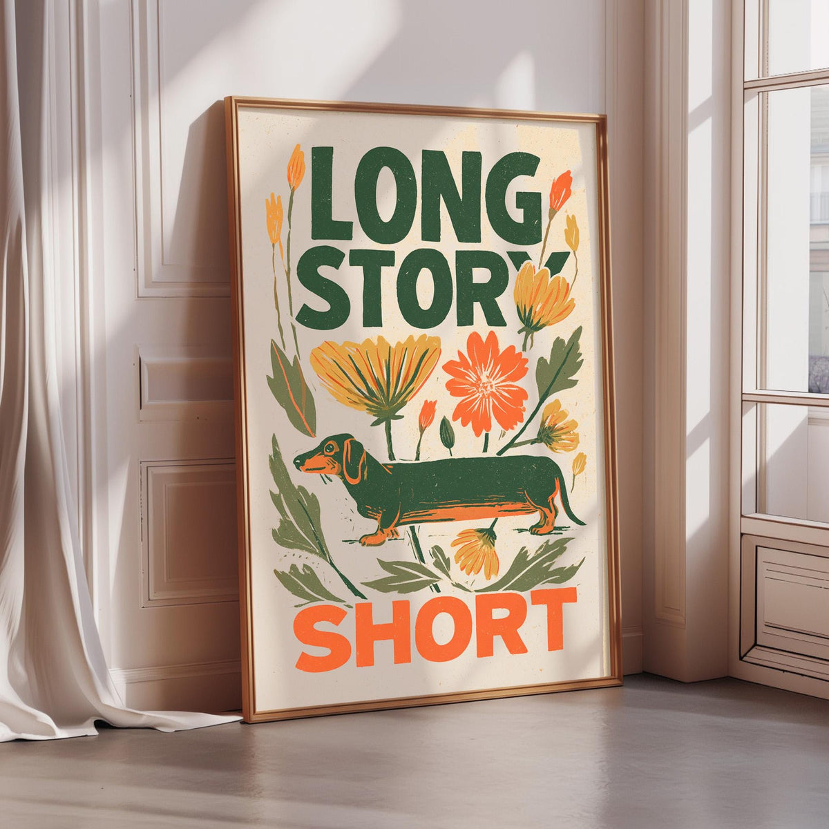 a framed poster with a dachshund dog and flowers, along with the text "LONG STORY SHORT" displayed prominently.