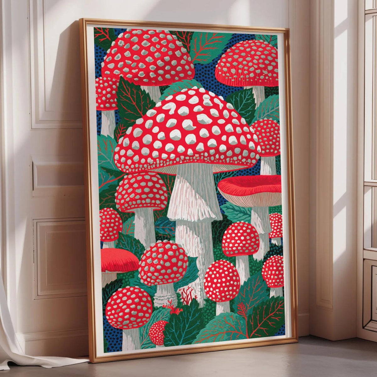 a large framed artwork depicting a vibrant and colorful scene of red and white mushrooms against a lush green background.