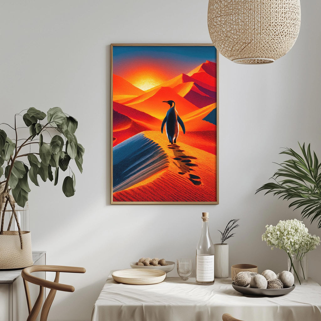 a vibrant painting of a penguin walking on a desert landscape, with a warm sunset in the background. The painting is hung on a wall above a dining table, which has various items on it, including a bottle, a bowl, and a vase. The table is set with a white tablecloth and surrounded by potted plants, creating a cozy and inviting atmosphere.