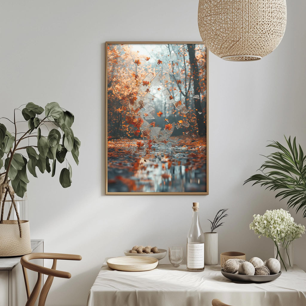 a serene indoor setting with a framed picture of a forest scene hanging on the wall, a table set with various items, and potted plants adding a touch of greenery to the space.