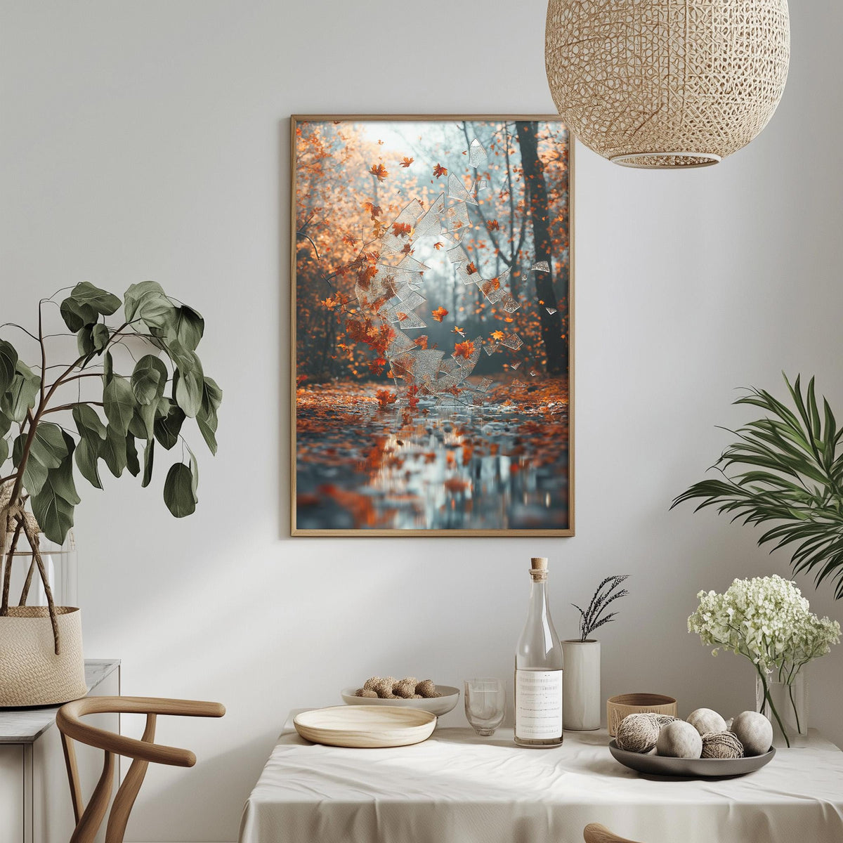 a serene indoor setting with a framed picture of a forest scene hanging on the wall, a table set with various items, and potted plants adding a touch of greenery to the space.