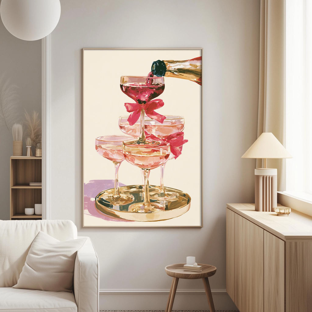 a large framed painting of pink champagne glasses on a gold tray, with a champagne bottle being poured from the top of the glasses.