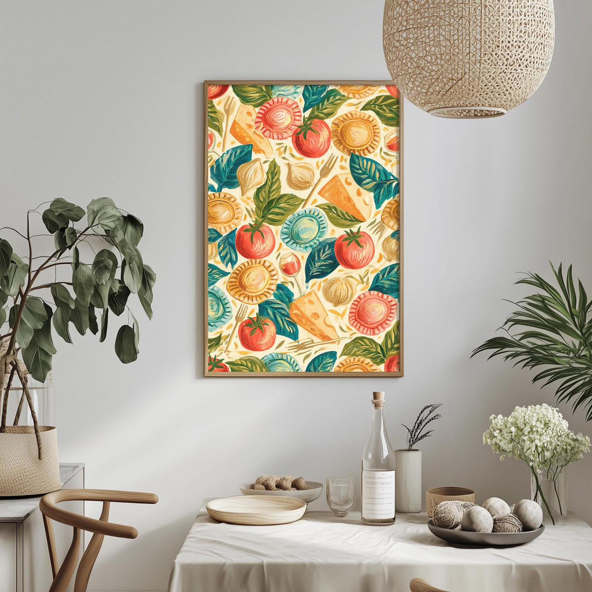 a dining table with a white tablecloth, surrounded by chairs. On the table, there are various items such as a bottle, a bowl, and a vase. Above the table, there is a framed print of a colorful floral pattern hanging on the wall.