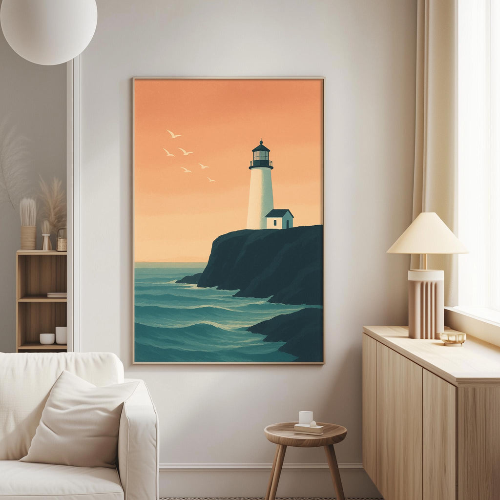 a serene living room with a large framed picture of a lighthouse on the wall, depicting a picturesque coastal scene with a lighthouse on a cliff overlooking the ocean.