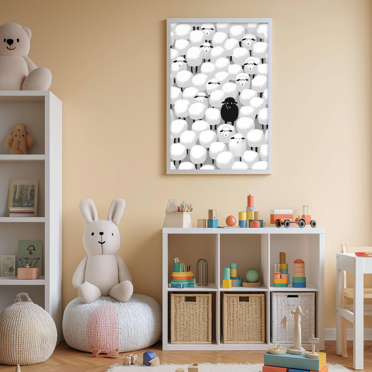 A cozy children's room with a white rabbit sitting on a bean bag chair, surrounded by shelves filled with toys and books, and a framed artwork featuring a black bird against a background of white circles.