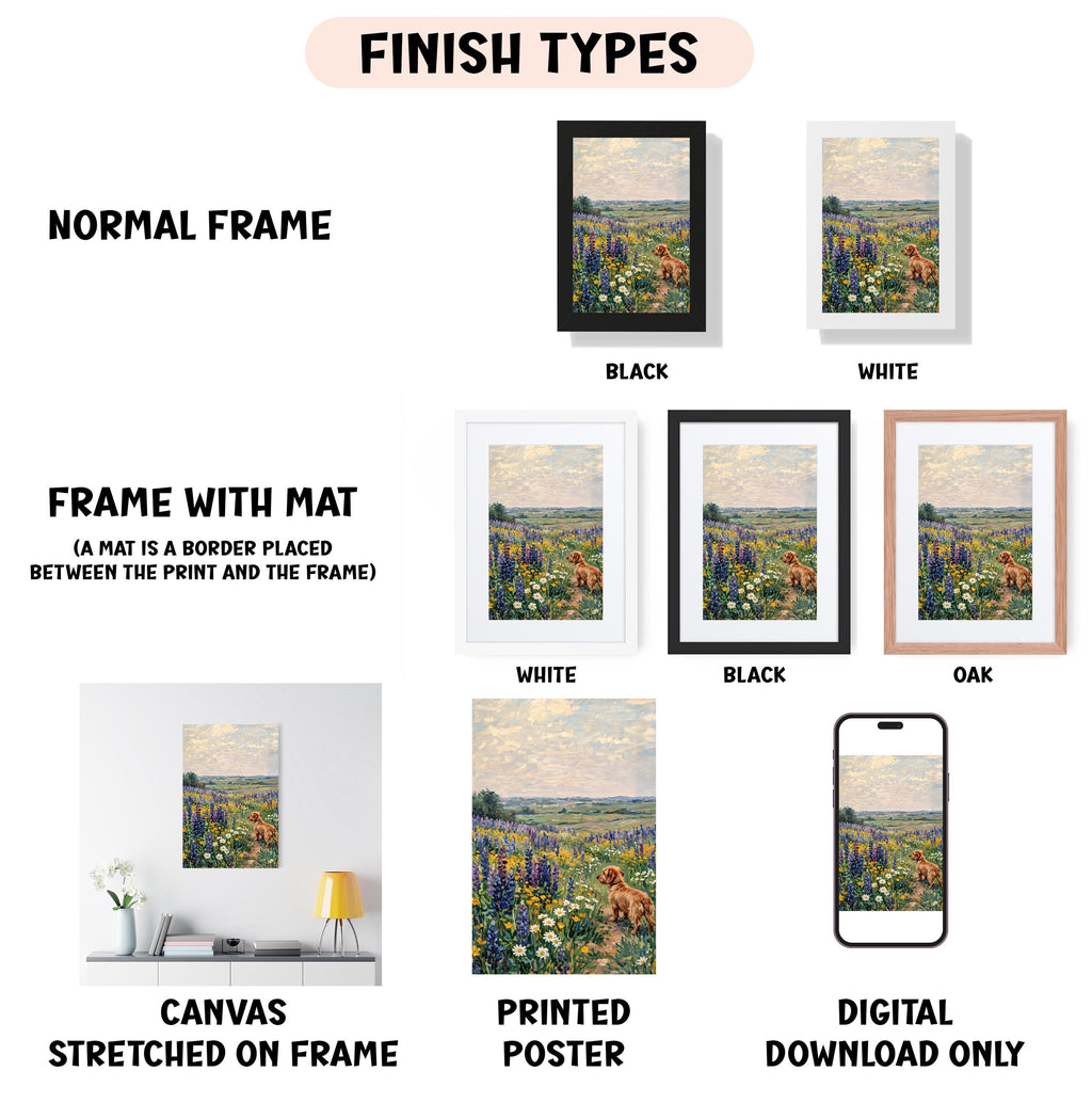 various types of artwork, including a painting of a field with flowers, framed artworks, and a digital poster. The artwork is presented in different frame colors and styles, such as a normal frame, a black frame, a white frame, and an oak frame. The artwork is also described as a canvas stretched on a frame, a printed poster, and a digital download only.