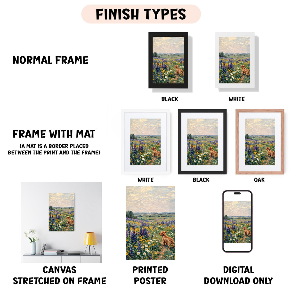 various types of artwork, including a painting of a field with flowers, framed artworks, and a digital poster. The artwork is presented in different frame colors and styles, such as a normal frame, a black frame, a white frame, and an oak frame. The artwork is also described as a canvas stretched on a frame, a printed poster, and a digital download only.