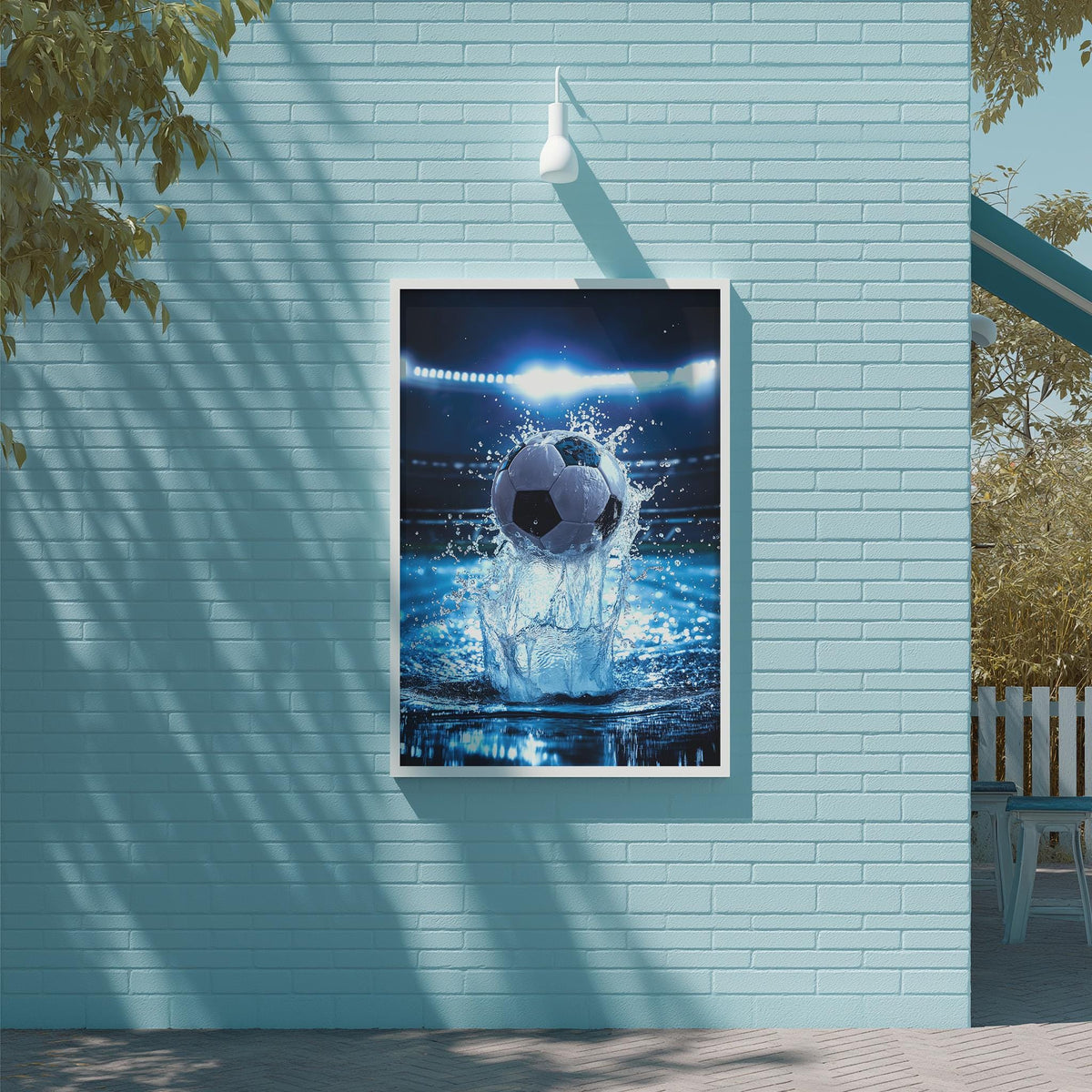 A framed poster of a soccer ball in mid-air, surrounded by splashing water, is displayed on a light blue brick wall.