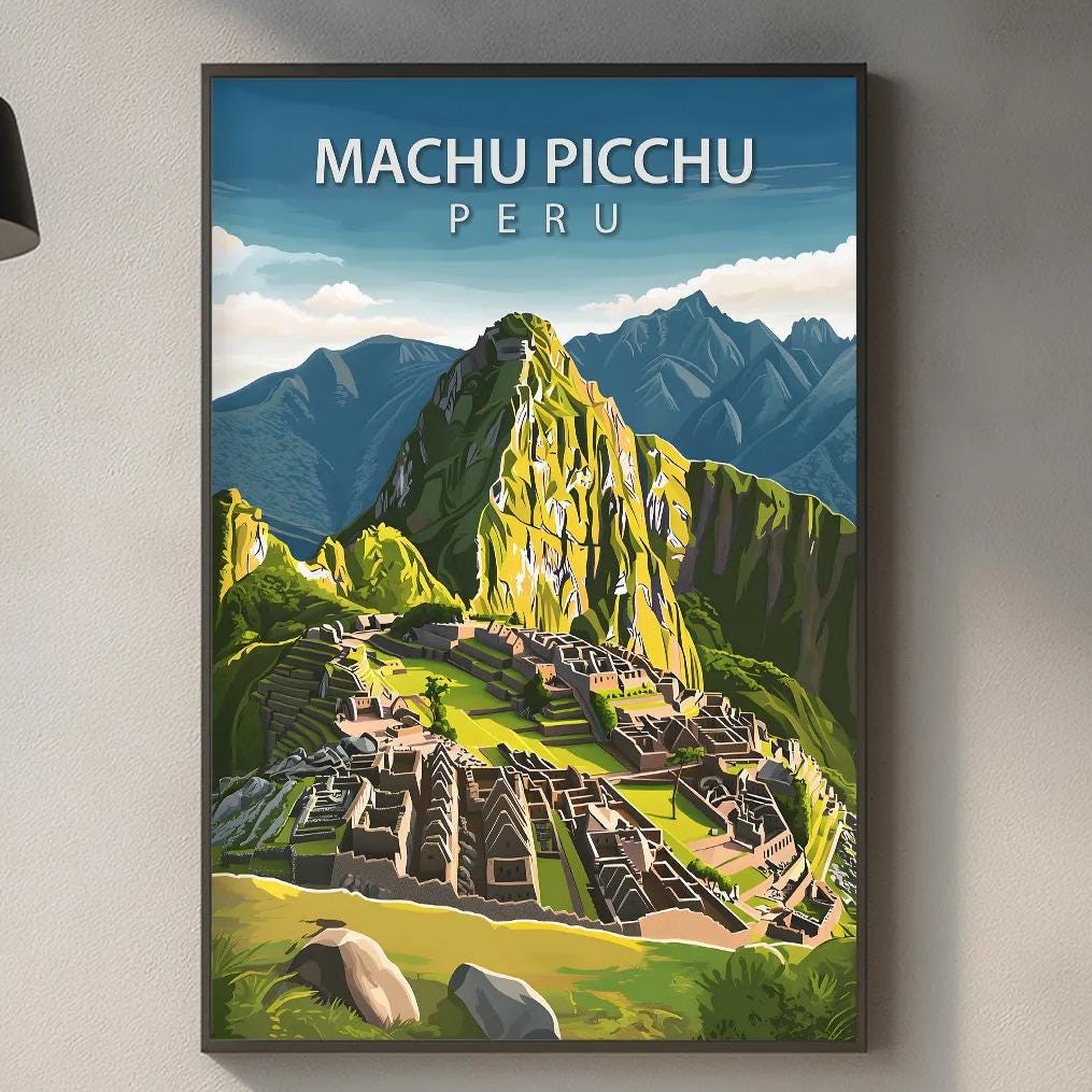 a framed poster of Machu Picchu, a famous Incan citadel located in the Andes mountains of Peru, hanging on a wall in a kitchen.