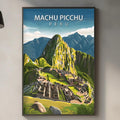a framed poster of Machu Picchu, a famous Incan citadel located in the Andes mountains of Peru, hanging on a wall in a kitchen.