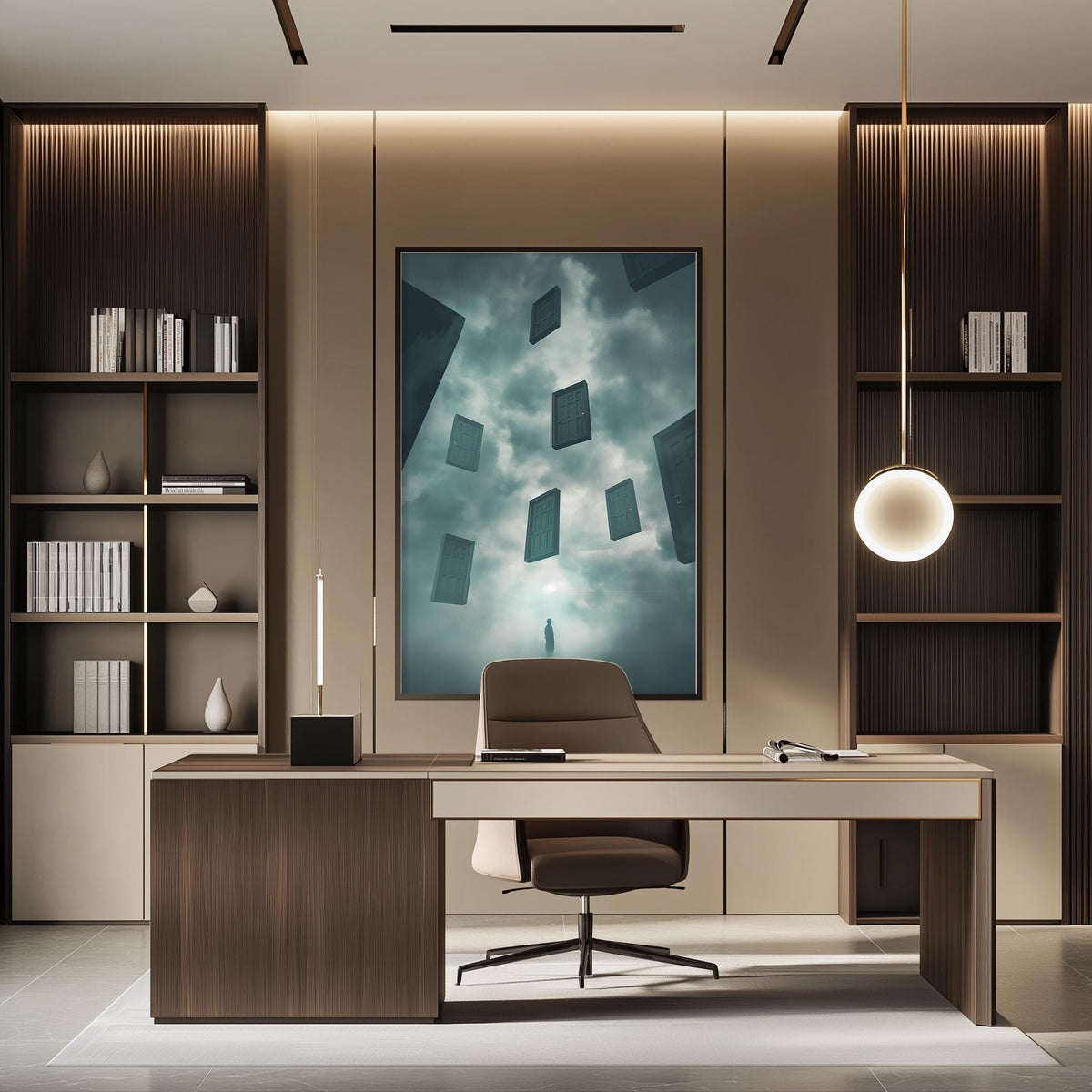 a modern and minimalist office space with a large abstract painting on the wall, a wooden desk with a chair, and built-in bookshelves.