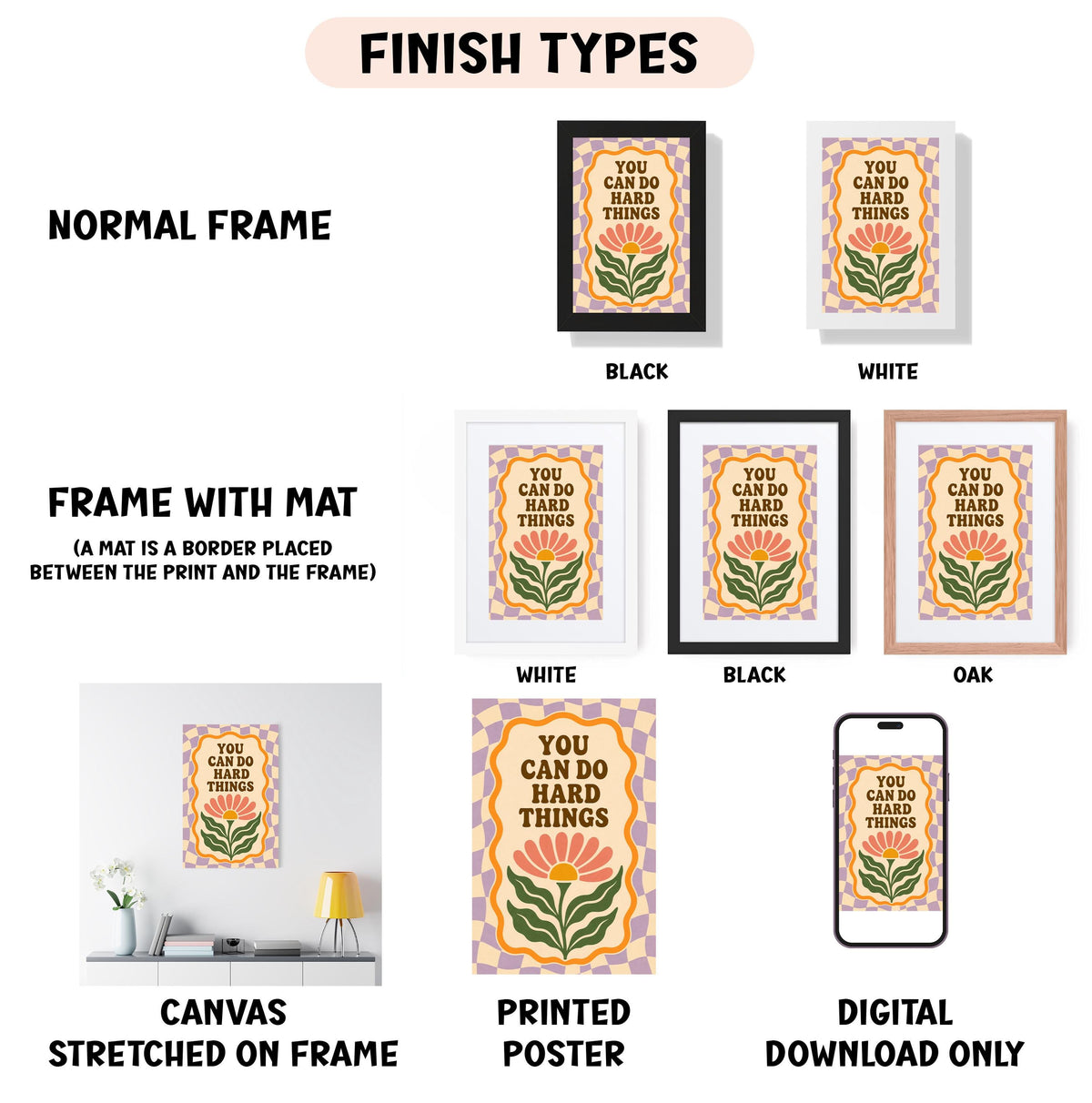 various framed artworks, including a poster and a canvas, each with different frame styles and color options.