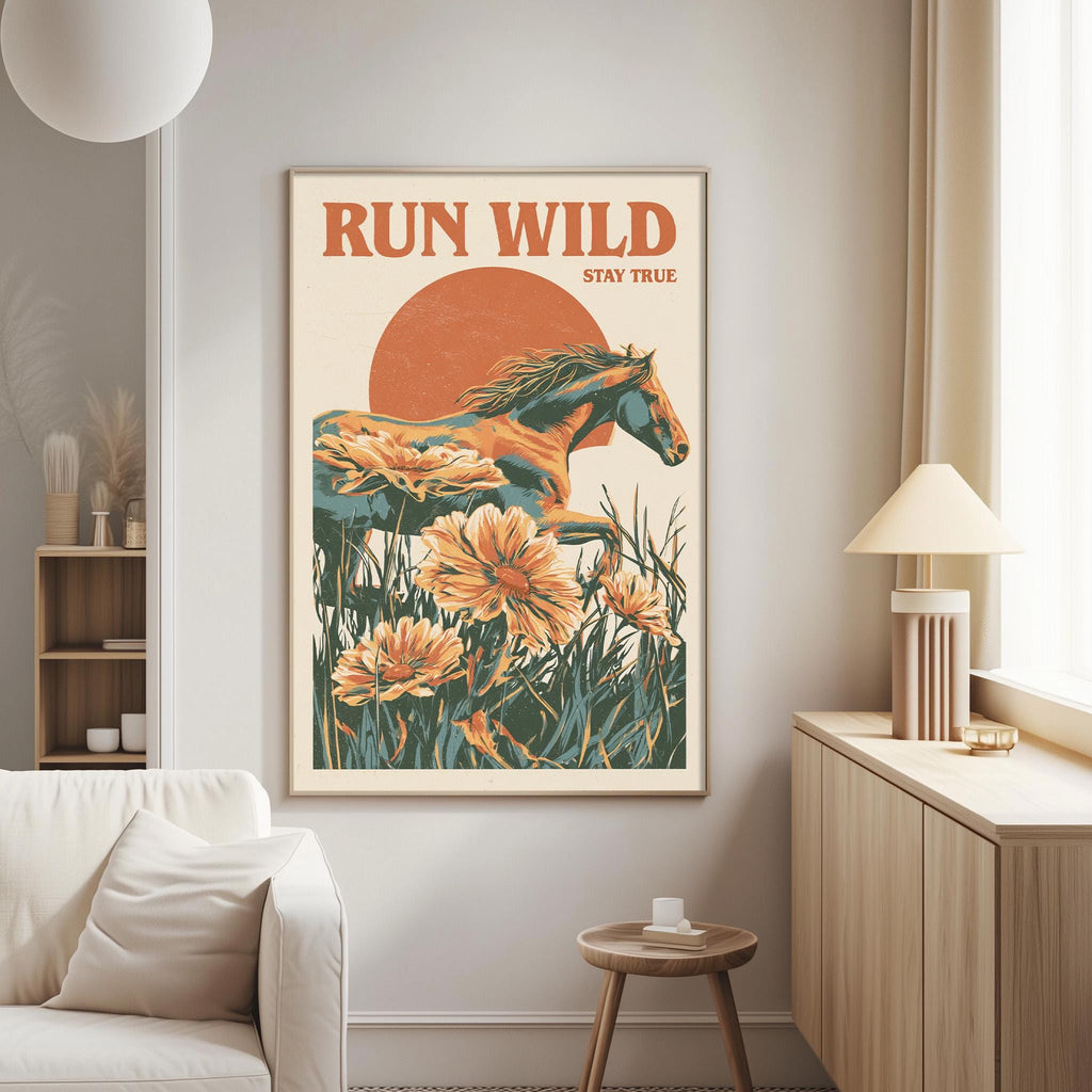 a poster of a horse surrounded by flowers, with the text "RUN WILD STAY TRUE" displayed prominently.