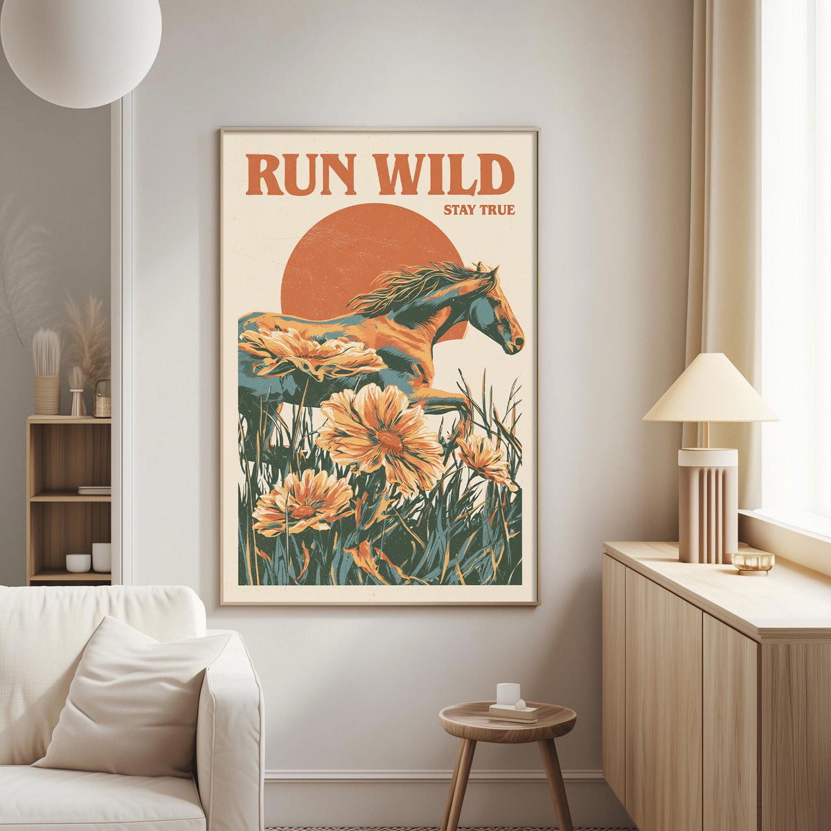 a poster of a horse surrounded by flowers, with the text "RUN WILD STAY TRUE" displayed prominently.