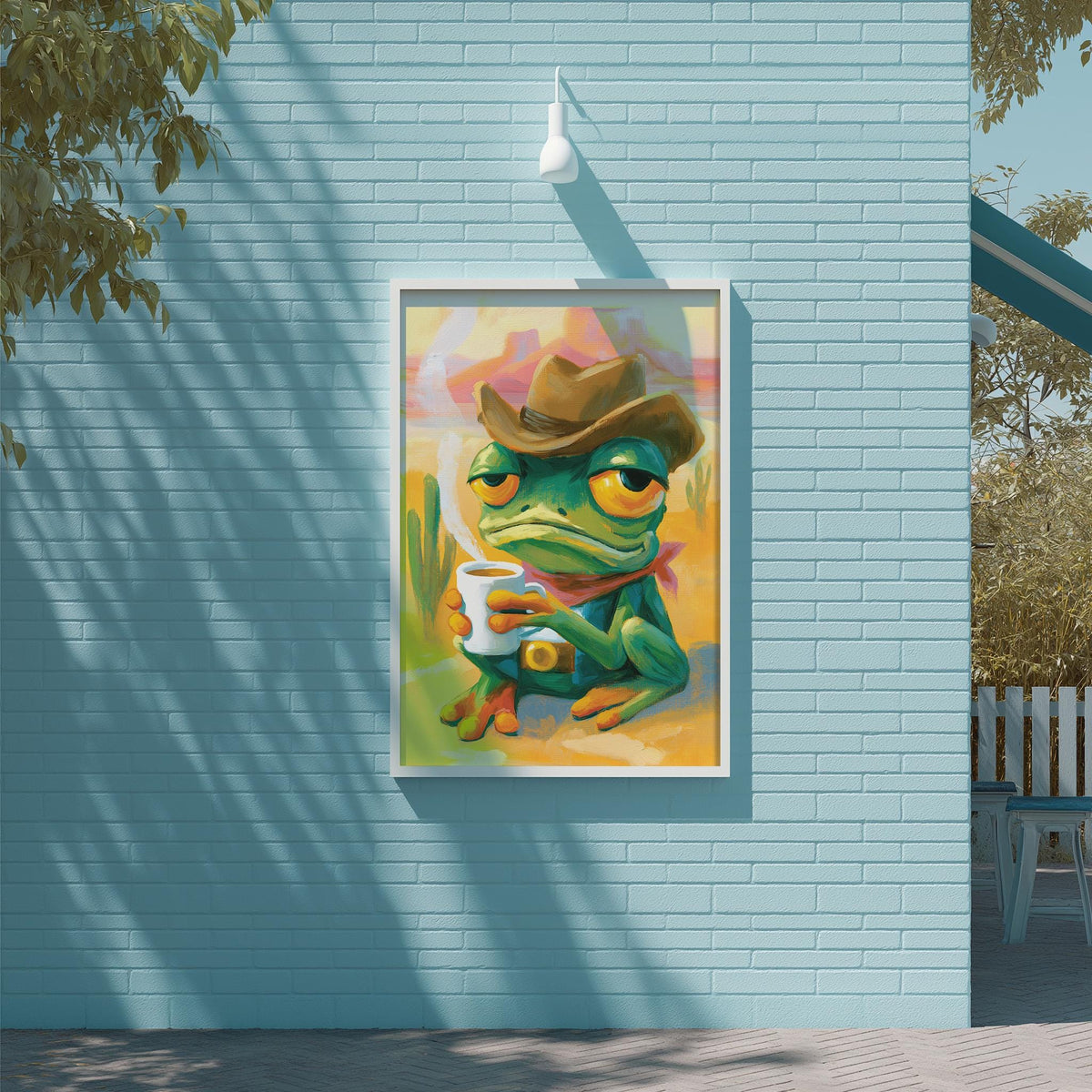 a whimsical painting of a frog wearing a cowboy hat and holding a cup, set against a blue brick wall.