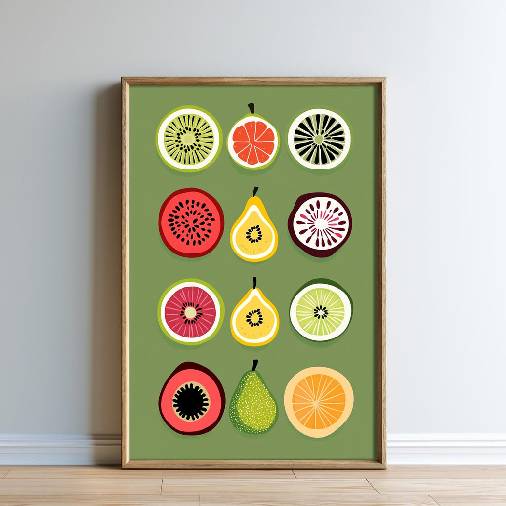 A framed collage of various colorful fruit slices, including watermelon, kiwi, pears, oranges, and pears, arranged in a grid pattern on a green background.