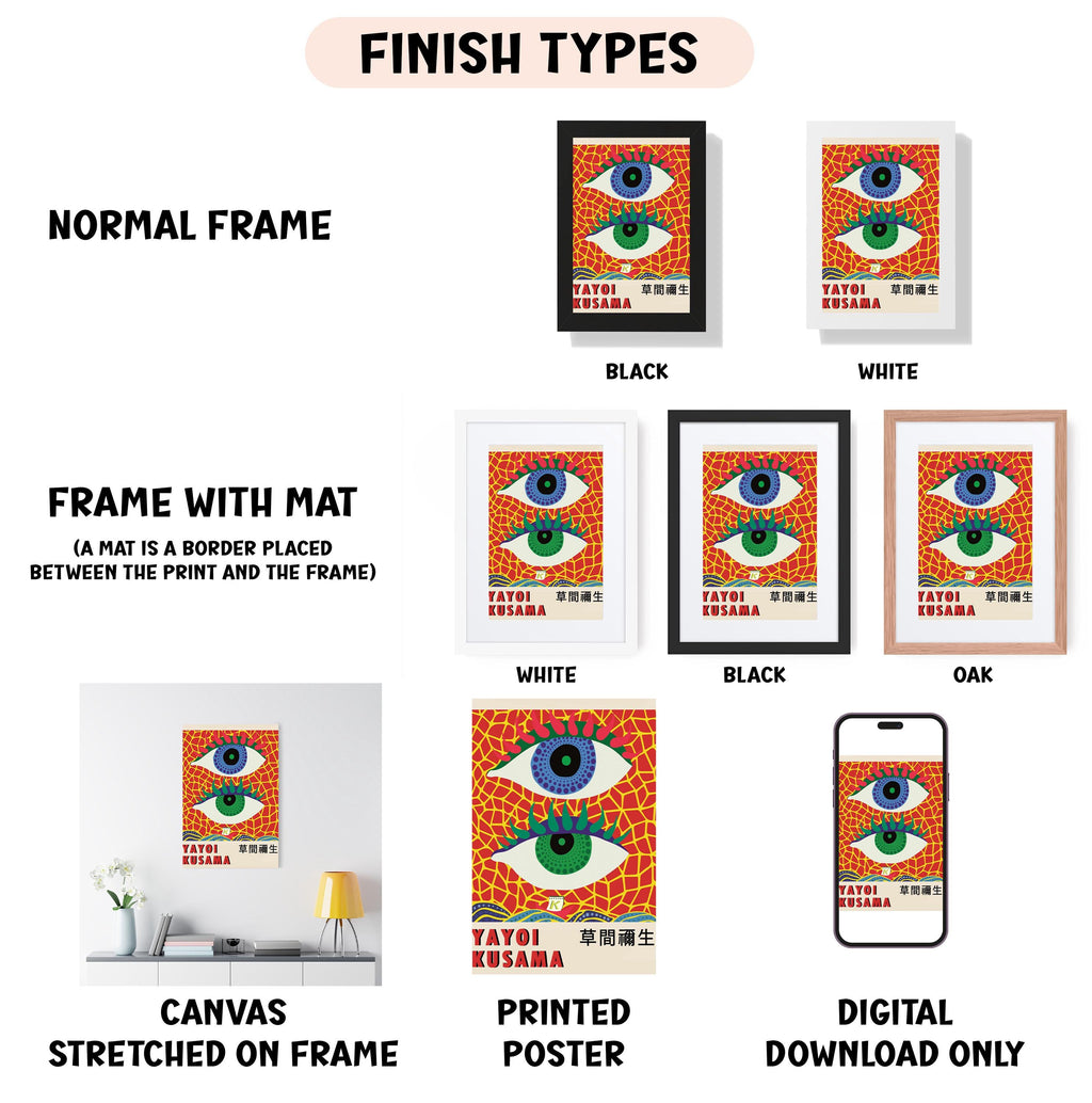 various types of artwork, including a framed poster, a canvas stretched on a frame, a printed poster, and a digital poster. The artwork is presented in different frame colors, such as black, white, and black, and in different sizes, such as normal frame and frame with mat. The artwork is displayed in a gallery setting, with a shelf and a lamp visible in the background.