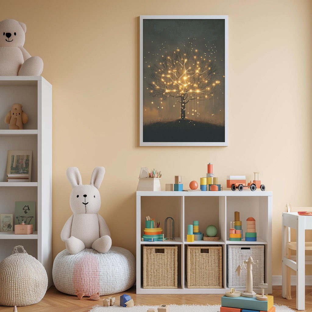 A cozy and well-organized children's playroom with a white bookshelf, a plush rabbit, and a tree-themed artwork on the wall.