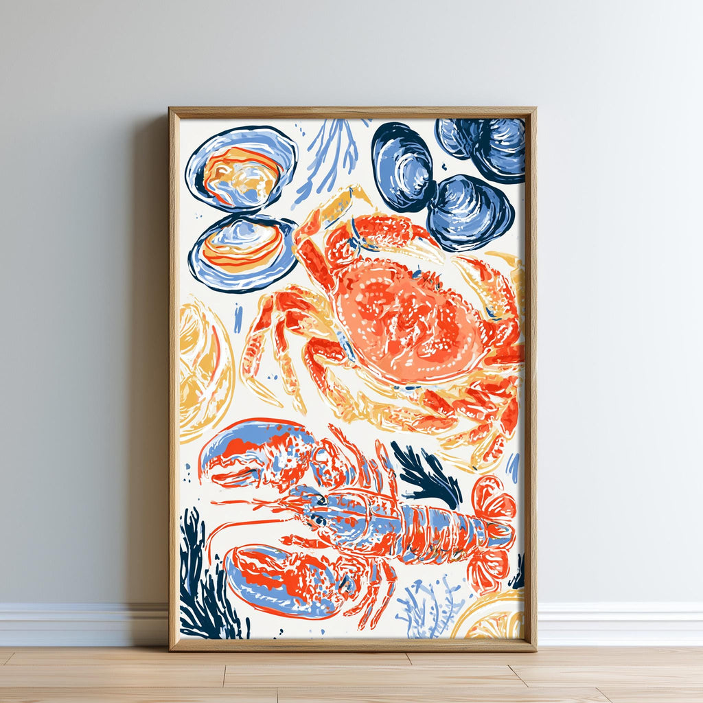 The image is a framed print featuring a vibrant illustration of various seafood items, including a crab, lobster, and other marine creatures, all rendered in a colorful and stylized manner.