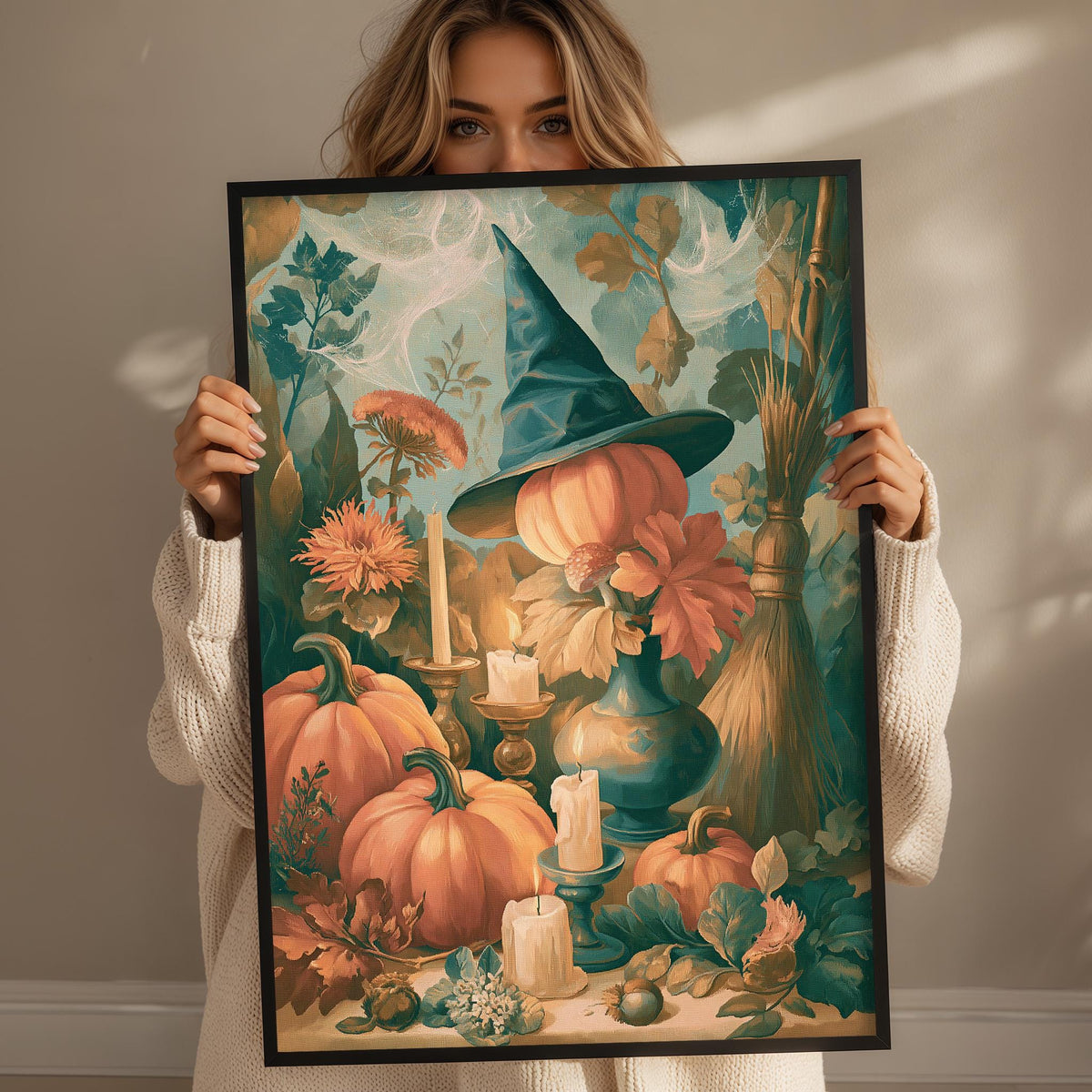 A woman holds up a framed painting depicting a witch surrounded by pumpkins, flowers, and candles, with a whimsical and fantastical atmosphere.