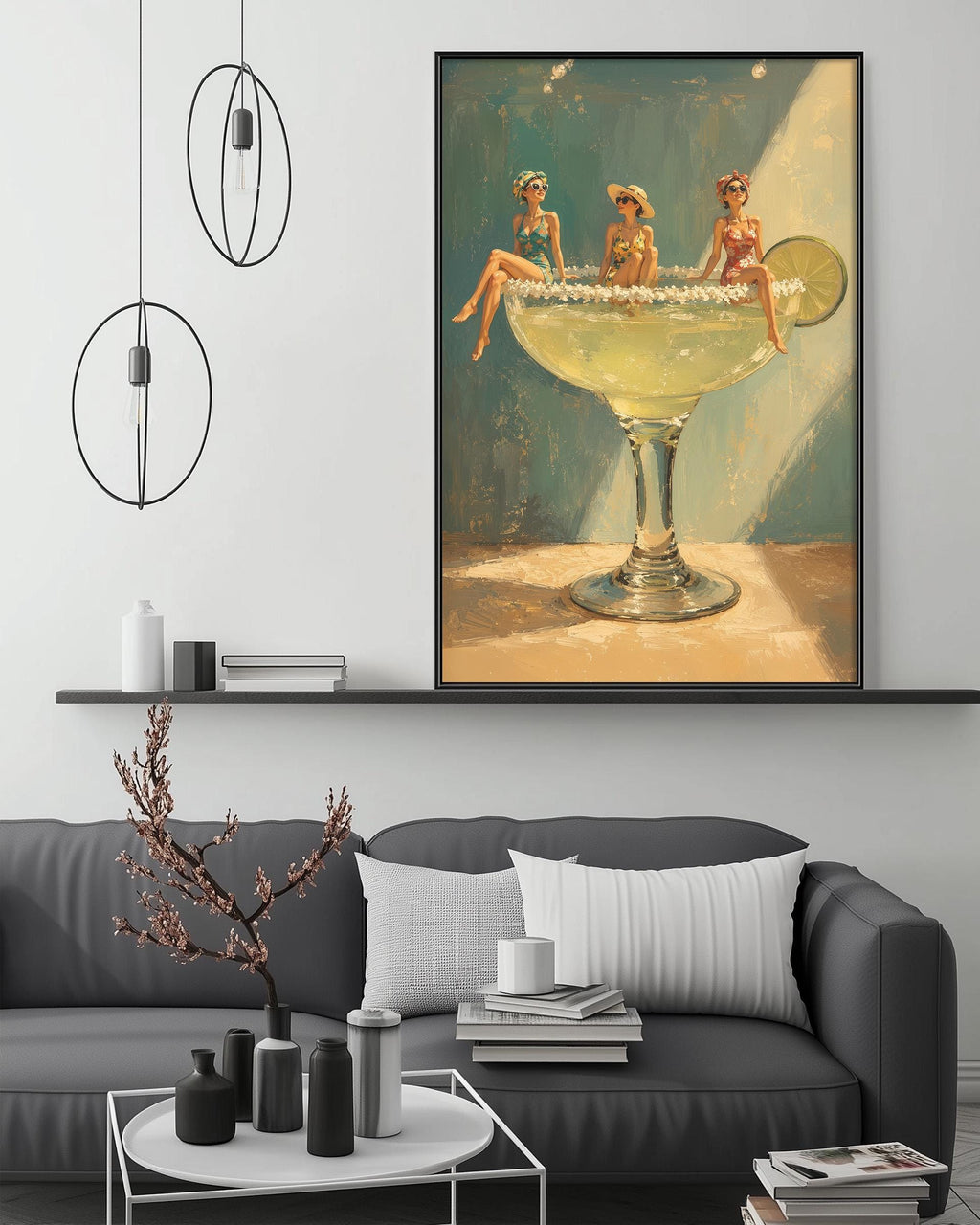 a large framed painting of three women sitting in a glass vase on a table, with a modern living room setting in the background.
