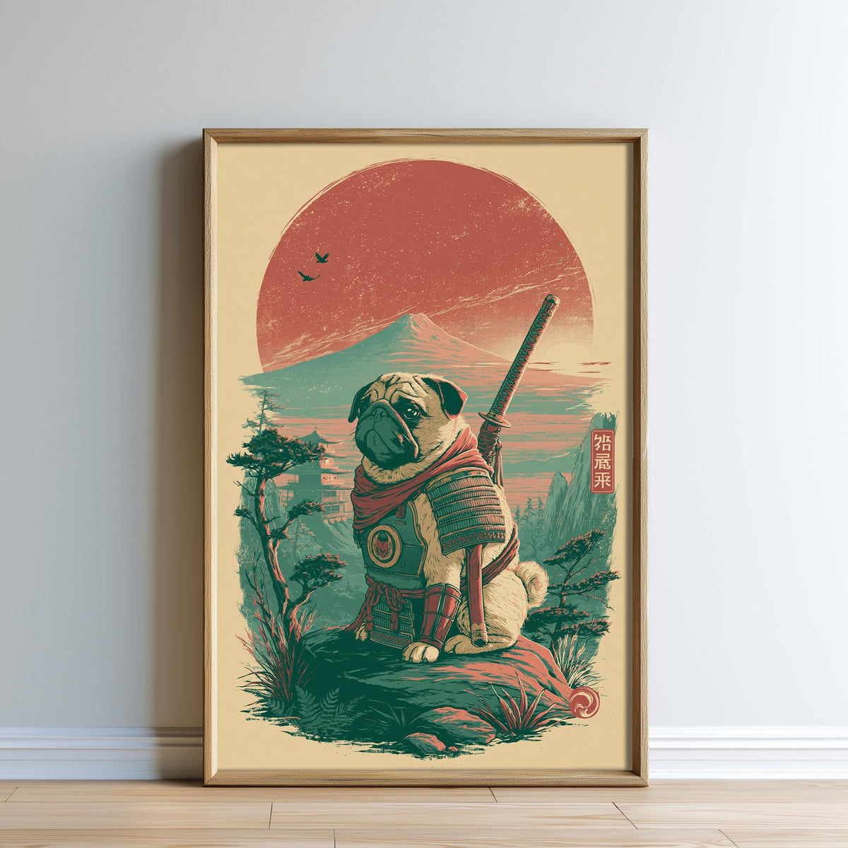 A pug dog wearing a warrior costume, holding a sword, and standing on a rock against a backdrop of a sunset and mountains.