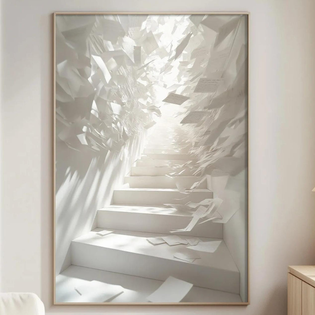 a serene and modern living room with a large white abstract painting hanging on the wall, depicting a staircase leading to a bright, sunlit space.