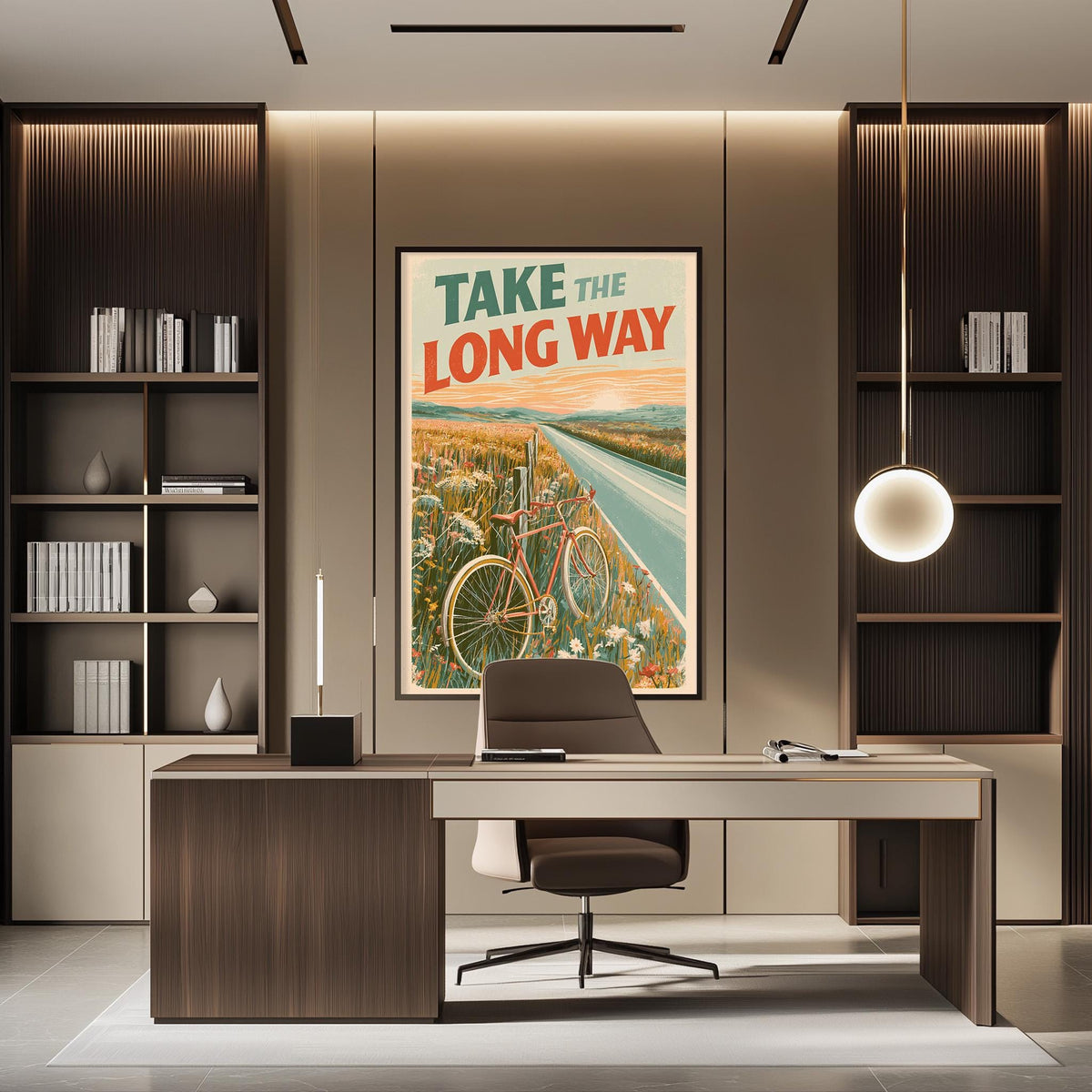 a modern office space with a large poster on the wall that says "Take the Long Way". The office has a wooden desk, a chair, and a bookshelf. The overall design and decor of the space create a professional and stylish atmosphere.