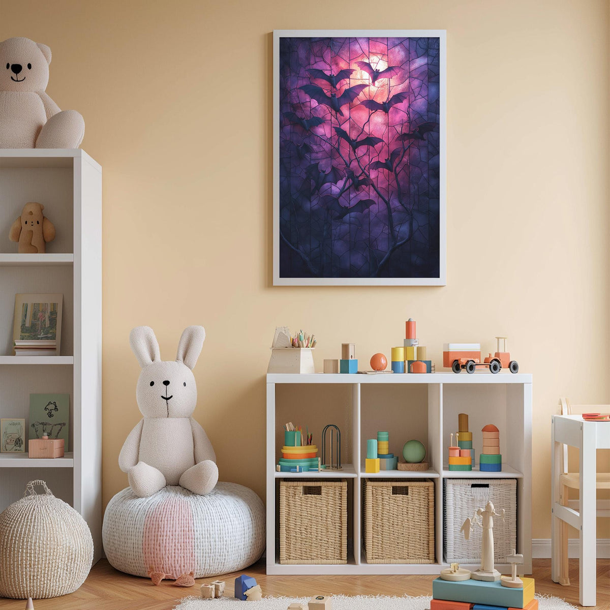 A cozy children's room with a large stuffed bunny, a bookshelf, and a colorful toy box filled with various toys. The room has a warm, inviting atmosphere with a large framed picture of bats and a purple sky hanging on the wall.