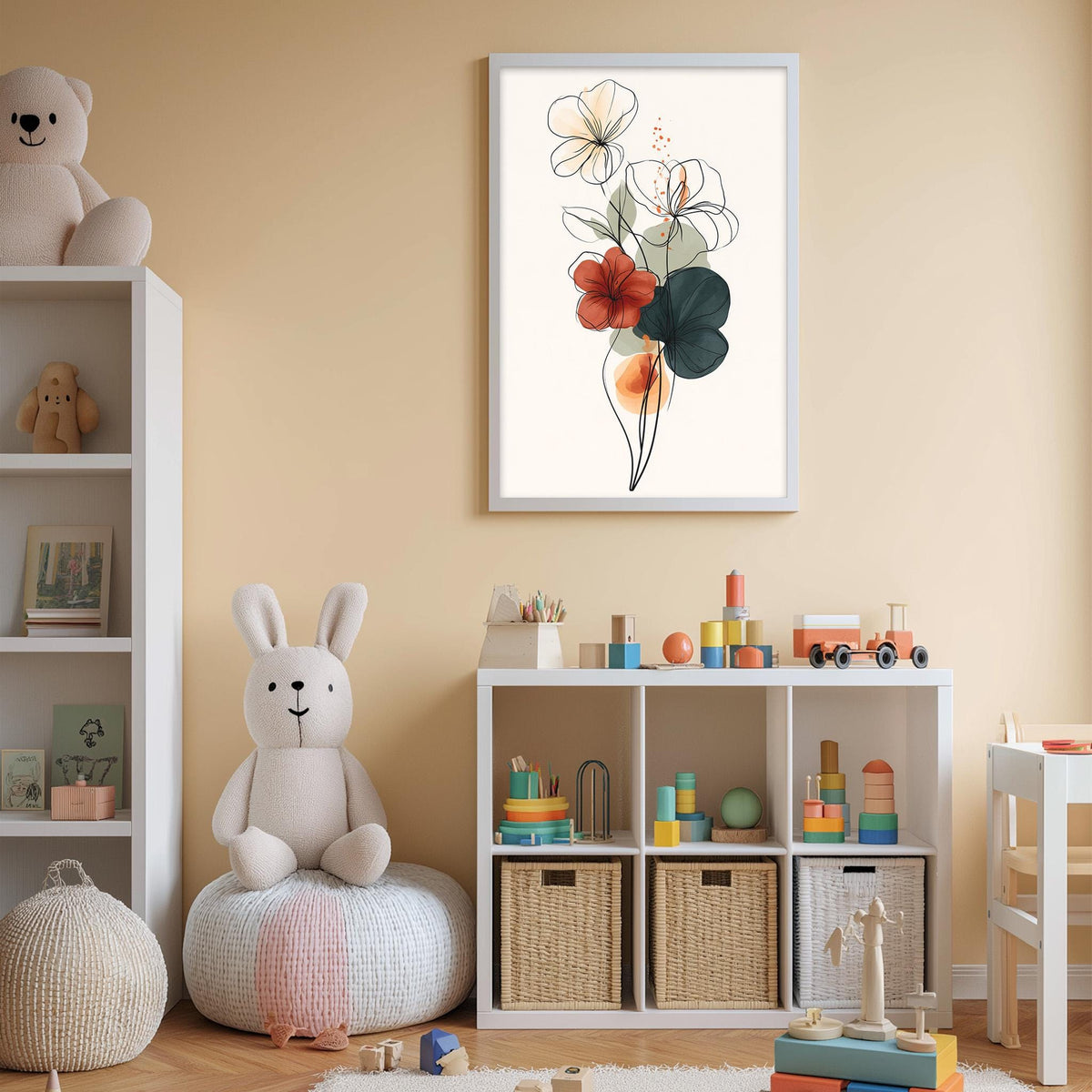 A cozy and colorful children's bedroom with a white bookshelf, a plush rabbit, and a toy train set. The walls are painted a light peach color, and there is a framed floral print hanging above the bookshelf.